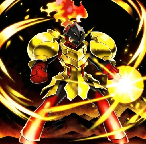 armarouge, mountain, fire on head, fire on eye, <lora:armarouge:0.8>, standing, solo, detailed, intricate, gold, red details