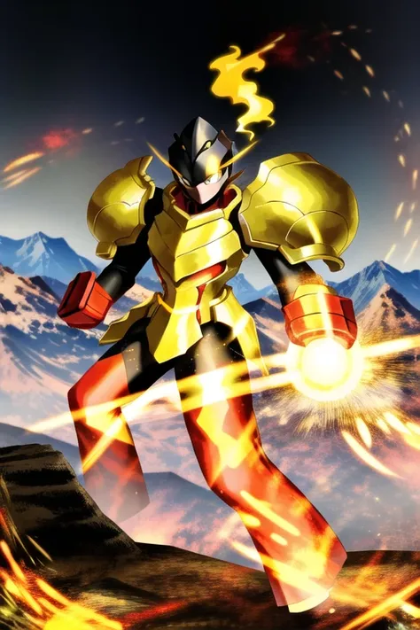 armarouge, dynamic pose, mountain, fire on head, fire on eye, <lora:armarouge:0.7>, standing, solo