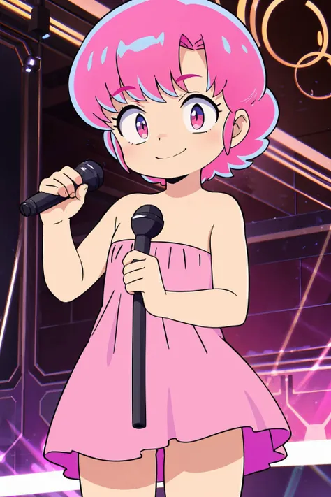 nsfw,<lora:Ran001:0.75>, LittleRan 1littlegirl,evil smile,pink hair,short hair, strapless,pink dress,bare arms,scifi background, holding a microphone