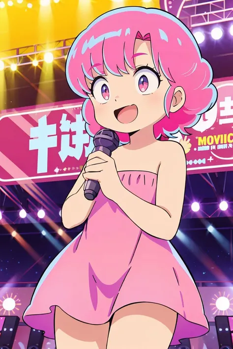 nsfw,<lora:Ran001:0.75>, LittleRan 1littlegirl is musical idol,happy,singing,pink hair,short hair, strapless,pink dress,bare arms,scifi background, holding a microphone,audience,applause,television set