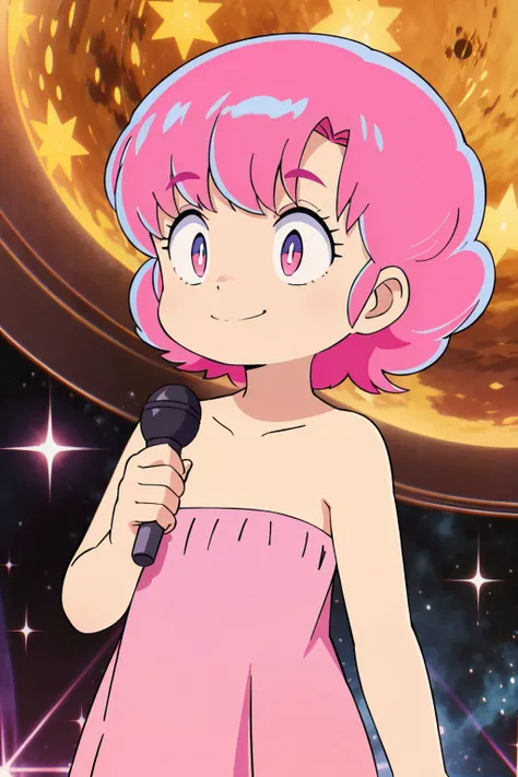 nsfw,<lora:Ran001:0.75>, LittleRan 1littlegirl,evil smile,pink hair,short hair, strapless,pink dress,bare arms,scifi background, holding a microphone