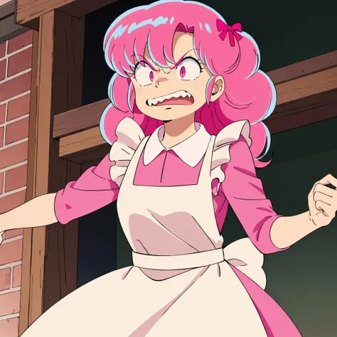 <lora:Ran001:0.7>,
Ran,1girl,pink hair,
collared pink dress,frilled white apron,
angry,open mouth, sharp teeth,