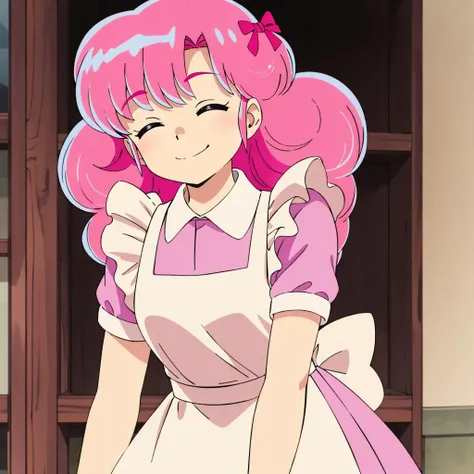 <lora:Ran001:0.7>,
Ran,1girl,pink hair,
collared pink dress,frilled white apron,
smile,closed eyes,