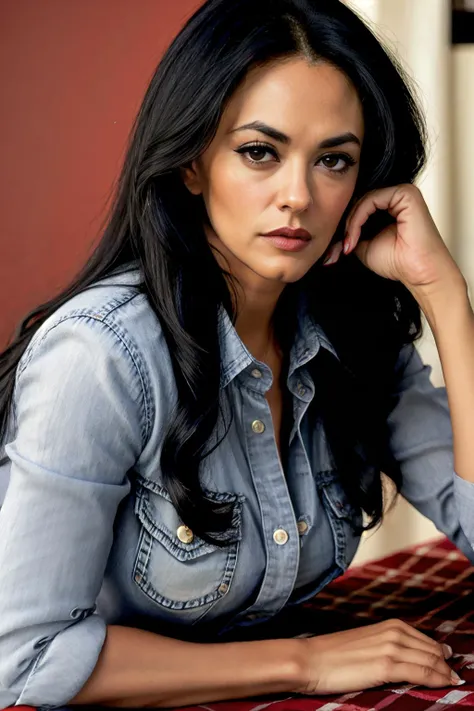 a photo of mariaC1 wearing checkered red and black shirt and blue jeans staring at the viewer, (checkered red and black shirt), (blue jeans),Highly Detailed,(close portrait:1.3),(Feminine:1.4),(beautiful:1.4),(attractive:1.3),calendar pose,perfectly detailed eyes,studio lighting,thematic background
