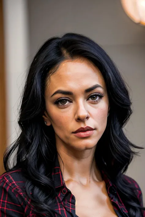 a photo of mariaC1 wearing checkered red and black shirt and blue jeans staring at the viewer, (checkered red and black shirt), (blue jeans),Highly Detailed,(close portrait:1.3),(Feminine:1.4),(beautiful:1.4),(attractive:1.3),calendar pose,perfectly detailed eyes,studio lighting,thematic background