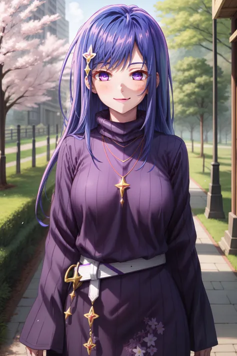 best quality, masterpiece, detailed,
<lora:maha-sd15-2-000008:0.8>, maha,
closed mouth, light smile, blush,
long hair, blue hair, purple eyes, hair ornament,
turtleneck sweater, purple sweater, belt, necklace,
standing, looking at the viewer,
outdoors, sakura tree, falling petals, <lora:style_more_details:0.5>