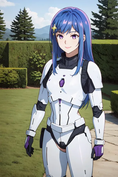 cowboy shot, standing, light smile BREAK maha, blue hair, long hair, purple eyes, hair ornament BREAK (StromTrooper, armor, medium breasts:1) BREAK (garden field:1) <lora:CONCEPT-StormTrooper:0.8> <lora:maha-sd15-2-000008:0.8>