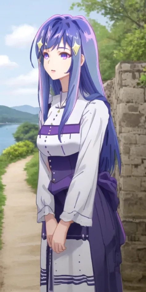 absolutely-impressive-lifelike-photo-realistic, outdoors, 1girl, <lora:maha-sd15-2:1> maha, blue hair, long hair, purple eyes, hair ornament,
