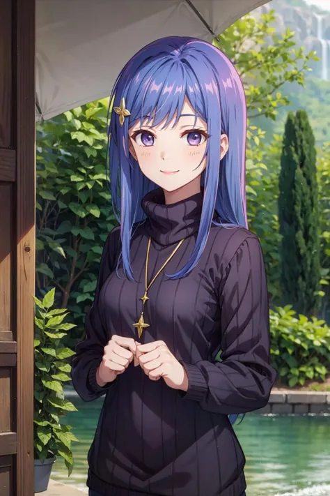 masterpiece, best quality, light smile, cowboy shot BREAK maha, blue hair, long hair, BREAK hair ornament, turtleneck sweater, purple sweater BREAK waterfall background <lora:maha-sd15-2-000008:0.8>