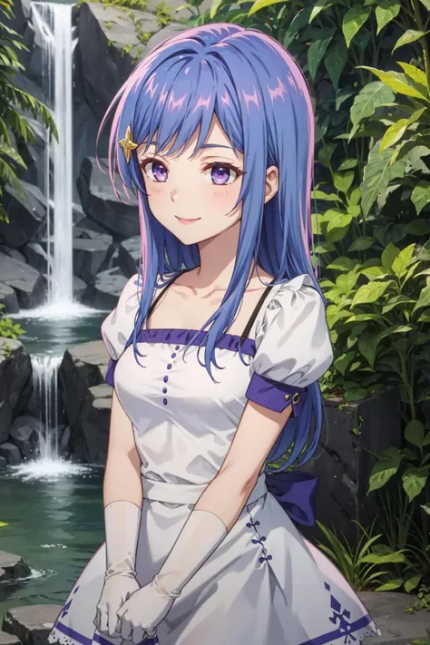 masterpiece, best quality, light smile, cowboy shot BREAK maha, blue hair, long hair, purple eyes BREAK hair ornament, white dress, puffy short sleeves, white gloves BREAK (waterfall background:1.2) <lora:maha-sd15-2-000008:0.8>