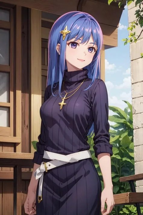 masterpiece,highest quality,1 girl,I collected_Iori,dark blue hair,blue eyes,Chanchanko,yellow sweater,turtleneck sweater,jeans,smile,open your mouth,sitting,turn your arms behind your back,indoors,cowboy shot,dutch angle,