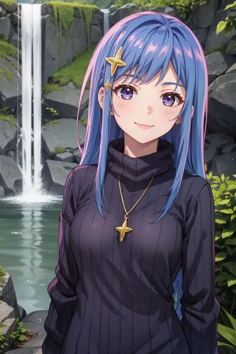 masterpiece, best quality, light smile, cowboy shot BREAK maha, blue hair, long hair, BREAK hair ornament, turtleneck sweater, purple sweater BREAK (waterfall background:1.2) <lora:maha-sd15-2-000008:0.8>