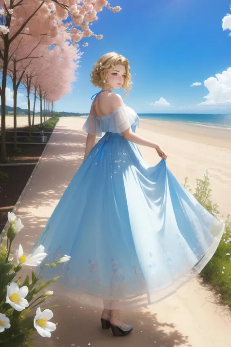 1girl, (art by Emeric Pressburger:1.1) , cinema art, 8k Chalk painting, Blue grass and beach, Golden ratio, high angle shot of a Wanderlust Skilled ("I am large, I contain multitudes.":1.3) , from inside of a Flowery Barn, Spring, Wide view, ultrafine detailed, Flustered, Yume Kawaii, Beige lighting, 50mm, Hypersaturated, opulent, Movie concept art, 4K, wallpaper, feminine