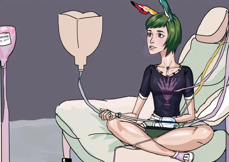 (1girl, dark green hair short hair flipped hair, multiple eyes, , clenched teeth) (digital) (from behind, crossed legs indian style, in detailed bedroom, (Garter, intravenous drip)) , best quality, <lora:boldline:0.2> <lora:hairdetailer:0.2> crystals1986, <lora:crystals1986:1>
