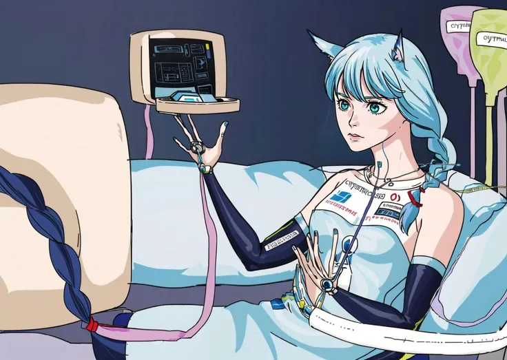 (1girl, aqua hair very long hair twin braids, spiral eyes, , pensive) (digital) (, , in detailed bedroom, (cybernetic bodysuit, intravenous drip)) , best quality, <lora:boldline:0.2> <lora:hairdetailer:0.2> crystals1986, <lora:crystals1986:1>