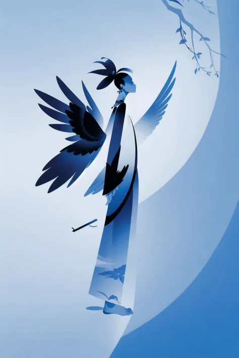 guomo,1boy,anklet,solo,barefoot,winged arms,male focus,flower,abstract,feathered wings,profile,harpy,robe,blue hair,<lora:Fisher_Abstract ink v0.71-000010:1>,