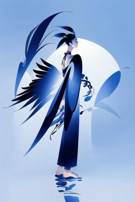 guomo,1boy,anklet,solo,barefoot,winged arms,male focus,flower,abstract,feathered wings,profile,harpy,robe,blue hair,<lora:Fisher_Abstract ink v0.71-000010:1>,