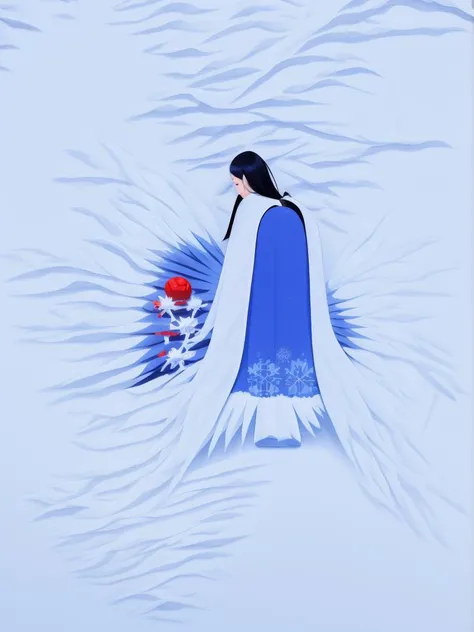 guomo, 1girl,long hair,wings,blue hair,<lora:Fisher_Abstract ink v0.7:1>, snowflakes, snow,ice, flower sea