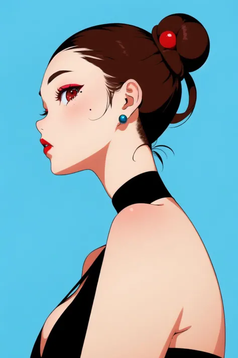 1girl, solo, hair bun, looking at viewer, mole under eye, hair ornament, beads, abstract, mole, brown hair, upper body, portrait, jewelry, red lips, long hair, hand up
guomo,gradient,<lora:Fisher_Abstract ink v0.7:1>,
