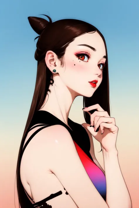 1girl,solo,hair bun,looking at viewer,mole under eye,hair ornament,beads,abstract,mole,brown hair,upper body,portrait,jewelry,red lips,long hair,hand up,cowboy,
guomo,gradient,<lora:Fisher_Abstract ink v0.7:1>,