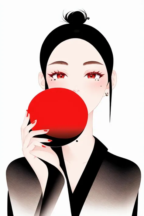 1girl, solo, hair bun, looking at viewer, mole under eye, hair ornament, beads, abstract, mole, brown hair, upper body, portrait, jewelry, red lips, long hair, hand up
guomo,gradient,<lora:Fisher_Abstract ink v0.7:1>,