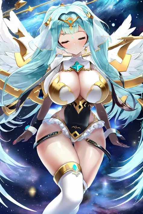 <lora:e7 Roana XL:1> e7 Roana, aqua hair, big breasts, full body, wings, on space, galaxies, (white sock and black sock), (masterpiece),  best quality, highres, 4k, 8k, Detailed Illustration, intricate detail, cinematic lighting, amazing quality, 1girl, fit female, amazing shading, soft lighting, facing camera, perfect eyes