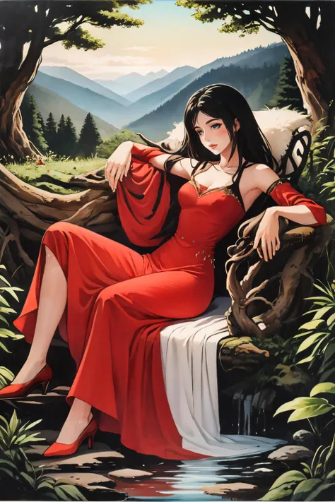 a painting of a woman in red dress on the throne, clivage, forest, mountains