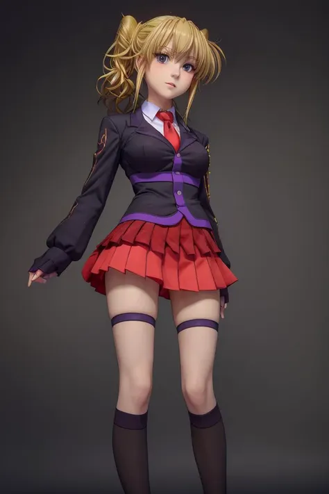 (masterpiece, best quality), 1girl,    <lora:UshiromiyaJessica:1> jessica, blond hair, ponytail ,two-tone skirt,  bicolor skirt, red skirt, ushiromiya logo, kneehighs, jacket, necktie, purple stitching