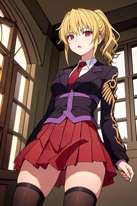 (masterpiece, best quality), 1girl,    <lora:UshiromiyaJessica:1> jessica, blond hair, ponytail ,two-tone skirt,  bicolor skirt, red skirt, ushiromiya logo, kneehighs, jacket, necktie, purple stitching