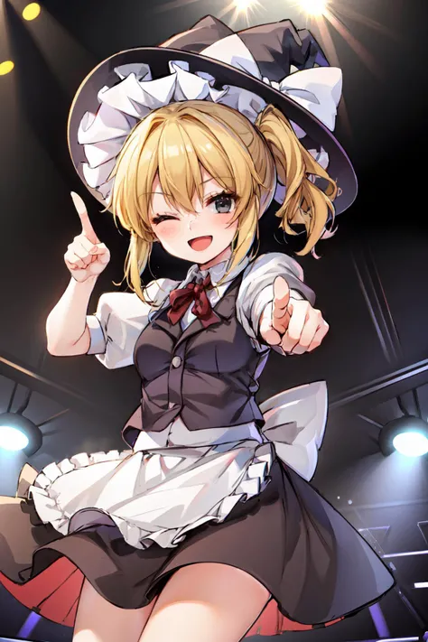 masterpiece,best quality,1girl,jessica,blonde hair,ponytail,black eyes,ushiromiya logo,witch hat,vest,apron,bow,short sleeves,hat bow,puffy sleeves,skirt,smile,open mouth,(one eye closed:0.9),one hand pointing at viewer,on stage,cowboy shot,dutch angle,<lora:UshiromiyaJessica:0.9>,<lora:Concept-control tool-add_detail-CyberAIchemist:0.9>,<lora:marisa:0.9>,