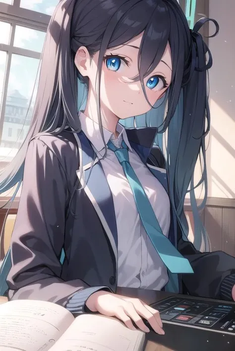bluearchivearis, <lora:bluearchivearis-lora-nochekaiser:1>,
aris, black hair, blue eyes, hair between eyes, halo, long hair, one side up, hair ribbon, (flat chest:1.2),
BREAK necktie, blue necktie, jacket, skirt, school uniform, white shirt, collared shirt, black skirt, white jacket, long sleeves,
BREAK looking at viewer,
BREAK indoors, classroom,
BREAK <lyco:GoodHands-beta2:1>, (masterpiece:1.2), best quality, high resolution, unity 8k wallpaper, (illustration:0.8), (beautiful detailed eyes:1.6), extremely detailed face, perfect lighting, extremely detailed CG, (perfect hands, perfect anatomy),