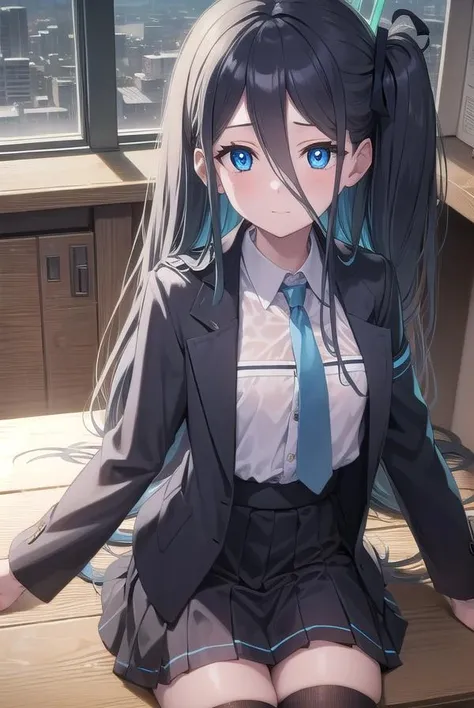 bluearchivearis, <lora:bluearchivearis-lora-nochekaiser:1>,
aris, black hair, blue eyes, hair between eyes, halo, long hair, one side up, hair ribbon, (flat chest:1.2),
BREAK necktie, blue necktie, jacket, skirt, school uniform, white shirt, collared shirt, black skirt, white jacket, long sleeves,
BREAK looking at viewer,
BREAK indoors, classroom,
BREAK <lyco:GoodHands-beta2:1>, (masterpiece:1.2), best quality, high resolution, unity 8k wallpaper, (illustration:0.8), (beautiful detailed eyes:1.6), extremely detailed face, perfect lighting, extremely detailed CG, (perfect hands, perfect anatomy),