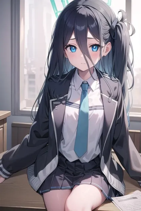bluearchivearis, <lora:bluearchivearis-lora-nochekaiser:1>,
aris, black hair, blue eyes, hair between eyes, halo, long hair, one side up, hair ribbon, (flat chest:1.2),
BREAK necktie, blue necktie, jacket, skirt, school uniform, white shirt, collared shirt, black skirt, white jacket, long sleeves,
BREAK looking at viewer,
BREAK indoors, classroom,
BREAK <lyco:GoodHands-beta2:1>, (masterpiece:1.2), best quality, high resolution, unity 8k wallpaper, (illustration:0.8), (beautiful detailed eyes:1.6), extremely detailed face, perfect lighting, extremely detailed CG, (perfect hands, perfect anatomy),