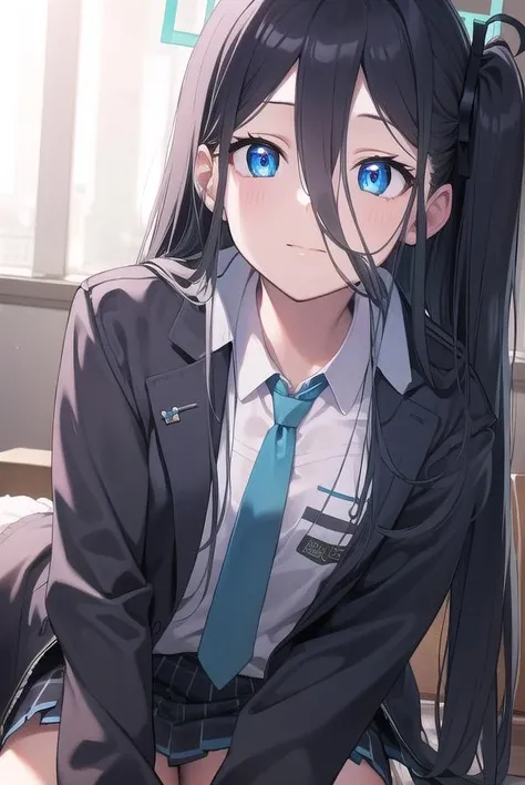bluearchivearis, <lora:bluearchivearis-lora-nochekaiser:1>, 
aris, black hair, blue eyes, hair between eyes, halo, long hair, one side up, hair ribbon, (flat chest:1.2),
BREAK necktie, blue necktie, jacket, skirt, school uniform, white shirt, collared shirt, black skirt, white jacket, long sleeves,
BREAK looking at viewer, 
BREAK indoors, classroom,
BREAK <lyco:GoodHands-beta2:1>, (masterpiece:1.2), best quality, high resolution, unity 8k wallpaper, (illustration:0.8), (beautiful detailed eyes:1.6), extremely detailed face, perfect lighting, extremely detailed CG, (perfect hands, perfect anatomy),