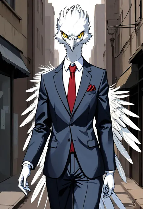 Male, 40 years old, adult man, tall, very tall, very slender, slender, thin, slim, very slender, avian, anthro, avian character, one man, bird, white bird, white body, white feathers, fully white feathers, white feathers hair, feather tail, small white beak, suit and tie, grey suit and tie, elegant, yellow eyes, dark face feathers, stern, severe, unhappy, evil, urban background, portrait format