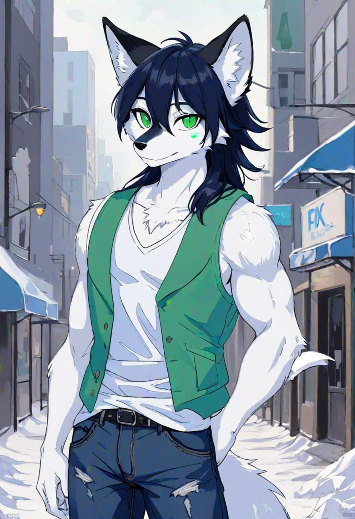 Male, 20 years old, twink, thin, furry, anthro, furry character, one male, fox, artic fox, arctic, white fur, immaculate fur, messy black hair, green eyes, long white ears, long white tail, jean pants, light blue vest, open vest, urban background, portrait format