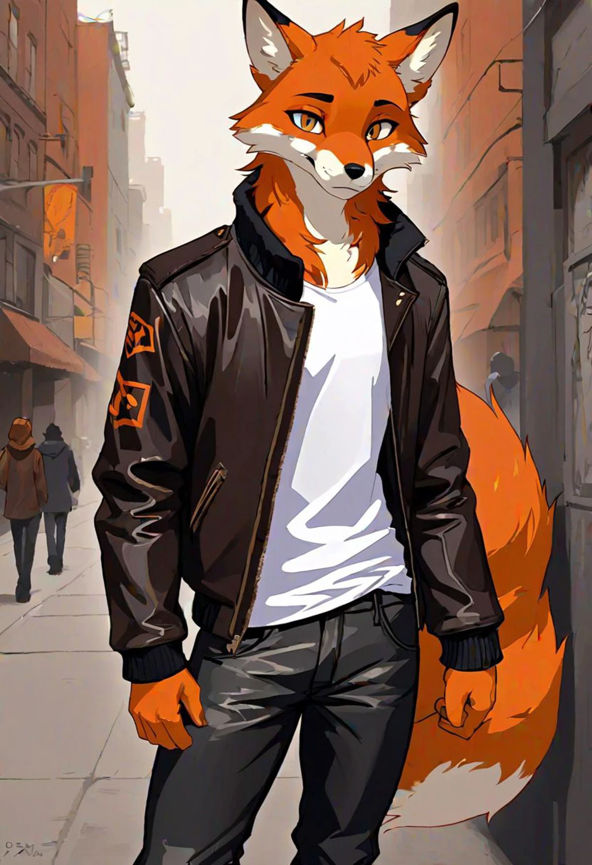 Male, 20 years old, tall, toned, furry, anthro, furry character, one male, fox, orange fox, orange fur, white fur, auburn hair, long tail, pants, leather jacket, urban background, portrait format