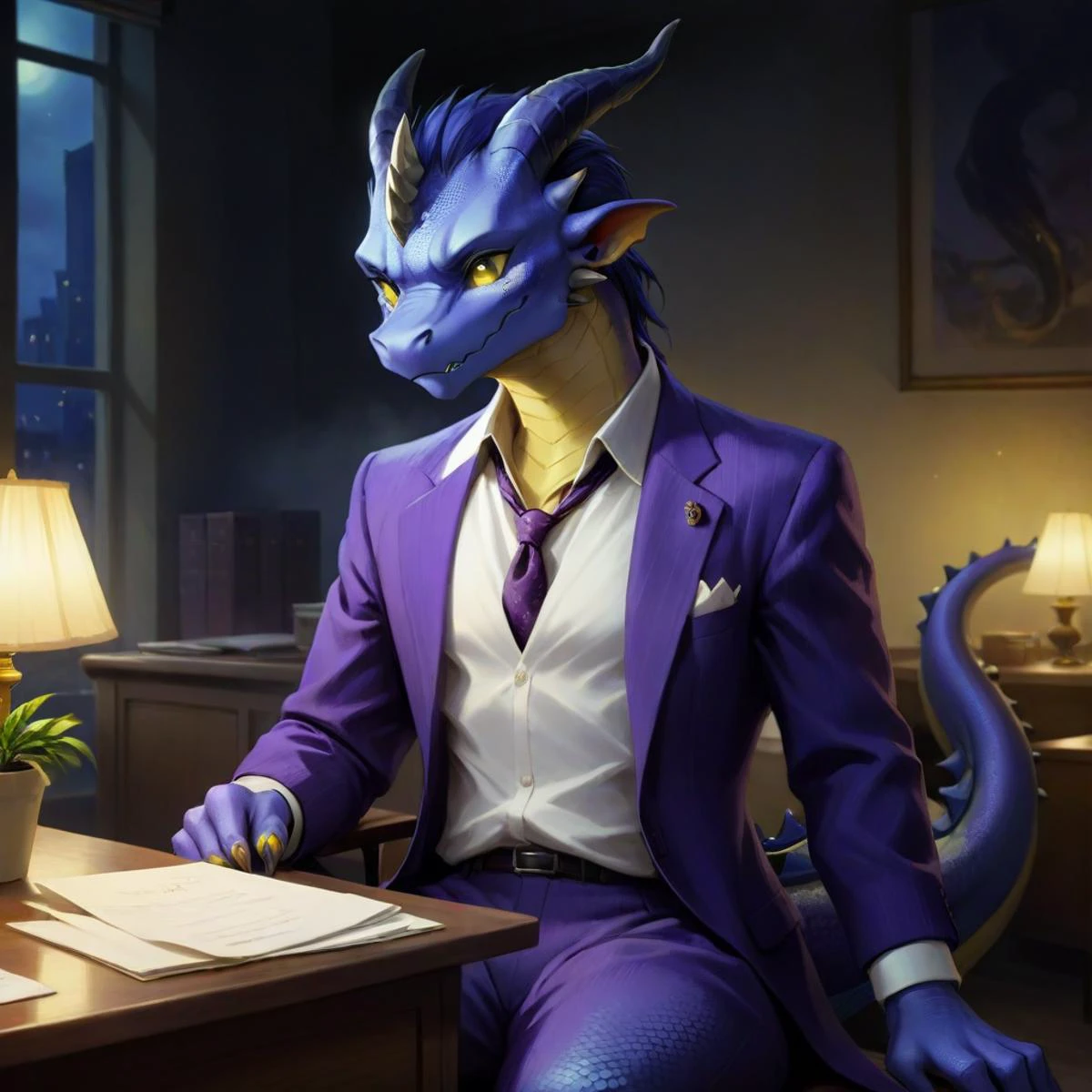 solo, male, businessman, (male anthro dragon:1.3), (purple body:1.1), yellow belly, (sitting:1.3), (kemono:1.4), (on desk:1.23), (open shirt), (sad:1.3), exhausted ,detailed eyes, dragon tail, horn, (bust portrait), (detailed eyes), (indoors:1.35), office, coffee cup, steam, plant, light, (night:1.4), (particles ,firefly, blue glowing:1.3), detailed background, 8k hd, (dark shadows, wide dynamic range, hdr, low light:1.2), by Pino Daeni, canyne khai, milkytiger1145, dagasi, yupa