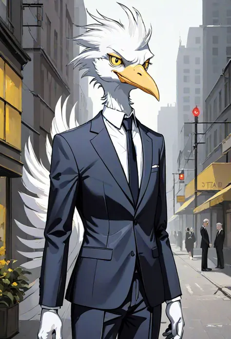 Male, 40 years old, adult man, tall, very tall, very slender, slender, thin, slim, very slender, avian, anthro, avian character, one man, bird, white bird, white body, white feathers, fully white feathers, white feathers hair, small white beak, suit and tie, grey suit and tie, elegant, yellow eyes, dark face feathers, stern, severe, unhappy, urban background, portrait format