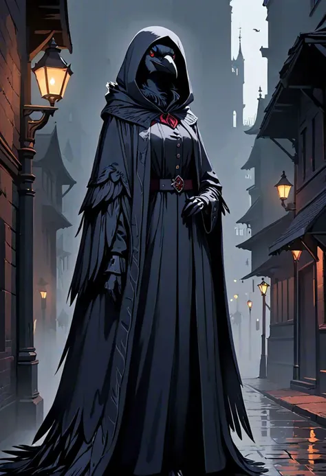 Female, adult woman, tall, very tall, very slender, slender, thin, slim, very slender, avian, anthro, avian character, one woman, bird, dark bird, dark body, ashen body, ashen feathers, fully dark feathers, black feathers hair, hidden mouth, great coat, long coat, mantle of feathers, feather coat, dark feather coat, dark feather mantle, dark feather cape, shadow aura, dark aura, crimson eyes, mysterious, veiled, hidden face, hidden body, crow wrings, raven, crow feathers, crows, stern, severe, unhappy, evil, modern urban background, night, portrait format