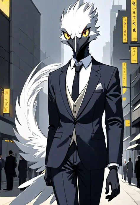 Male, 40 years old, adult man, tall, very tall, very slender, slender, thin, slim, very slender, avian, anthro, avian character, one man, bird, white bird, white body, white feathers, fully white feathers, white feathers hair, feather tail, small white beak, suit and tie, grey suit and tie, elegant, yellow eyes, dark face feathers, stern, severe, unhappy, evil, urban background, portrait format