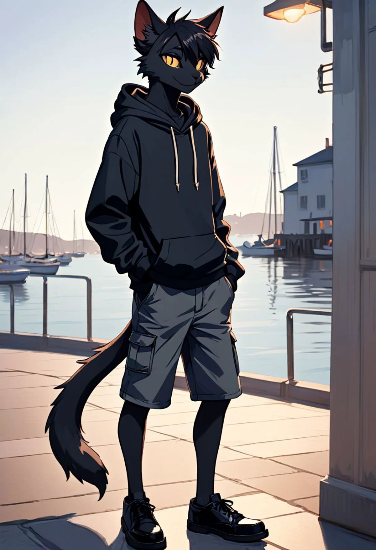 Male, 20 years old, tall, slim, furry, anthro, furry character, one male, cat, black cat, black fur, dark hair, long cat tail, hoodie, shorts, brown shoes, harbor background, portrait format