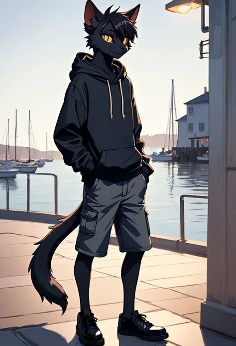 Male, 20 years old, tall, slim, furry, anthro, furry character, one male, cat, black cat, black fur, dark hair, long cat tail, hoodie, shorts, brown shoes, harbor background, portrait format