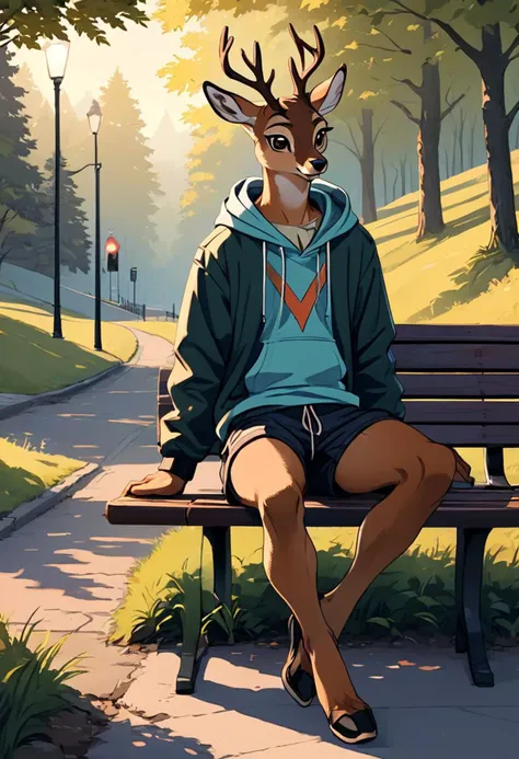 Male, 20 years old, tall, slim, furry, anthro, furry character, one male, deer, brown deer, brown fur, dark hair, small deer tail, , jacket, hoodie, shorts, sitting on a bench, hill background, portrait format