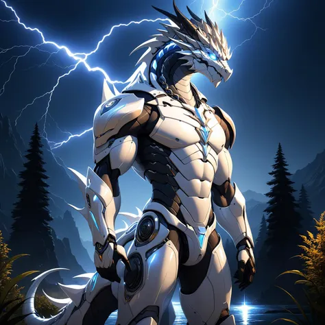 An advanced bionic mech, cybrog, anthro, dragon, male, white body, silver torse, shiny, full body, Muscle, Delicate face, Delicate eyes, (1 tail), (glowing LED:1.1), energy, digitigrade, outdoors, extremely detailed CG unity 8k wallpaper, realistic, masterpiece, highest quality, lens flare, unreal engine, trending on ArtStation, Intricate, High Detail, dramatic, realism, beautiful and detailed lighting, shadows, thunder