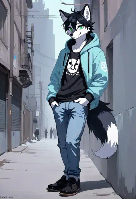 Male, 20 years old, twink, furry, anthro, furry character, one male, fox, arctic fox, arctic, white fur, messy black hair, black hair, short black hair, green eyes, long white ears, long white tail, jean pants, brown shoes, light blue jacket, blue jacket, open jacket, black t-shirt, urban background, portrait format