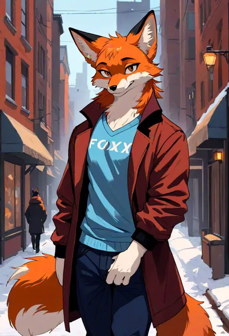 Male, 20 years old, tall, muscular, furry, anthro, furry character, one male, fox, orange fox, orange fur, white fur, auburn hair, long tail, fully clothed, clothing, big coat, sweat shirt, urban background, portrait format