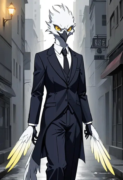 Male, 40 years old, adult man, tall, very tall, very slender, slender, thin, slim, very slender, avian, anthro, avian character, one man, bird, white bird, white body, white feathers, fully white feathers, white feathers hair, feather tail, small white beak, suit and tie, grey suit and tie, elegant, yellow eyes, dark face feathers, stern, severe, unhappy, evil, urban background, portrait format