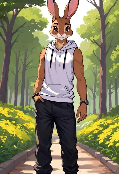 score_9, score_8_up, score_7_up, score_6_up, score_5_up
Male, 20 years old, twink, slim, thin, furry, anthro, furry character, one male, hare, furry hare, black and white fur, fluffy bunny tail, long rabbit ears, rabbit ears, jean pants, sleeveless shirt, hood, park background, portrait format