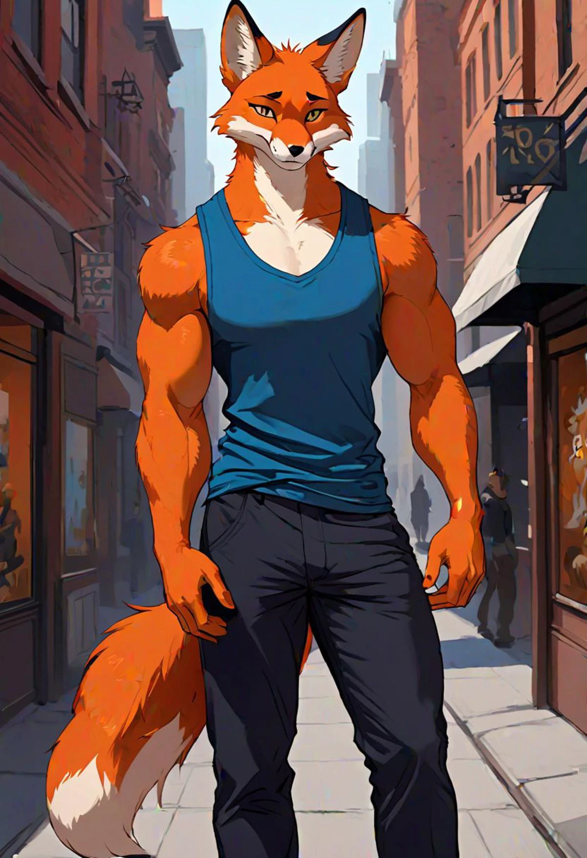 Male, 20 years old, tall, muscular, furry, anthro, furry character, one male, fox, orange fox, orange fur, white fur, auburn hair, long tail, fully clothed, clothing, urban background, portrait format